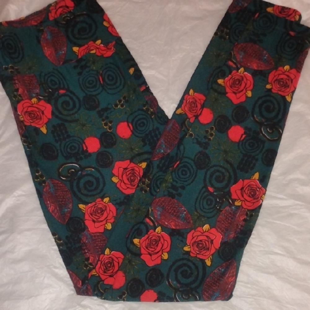 LulaRoe Women's Teal Floral Print Leggings.